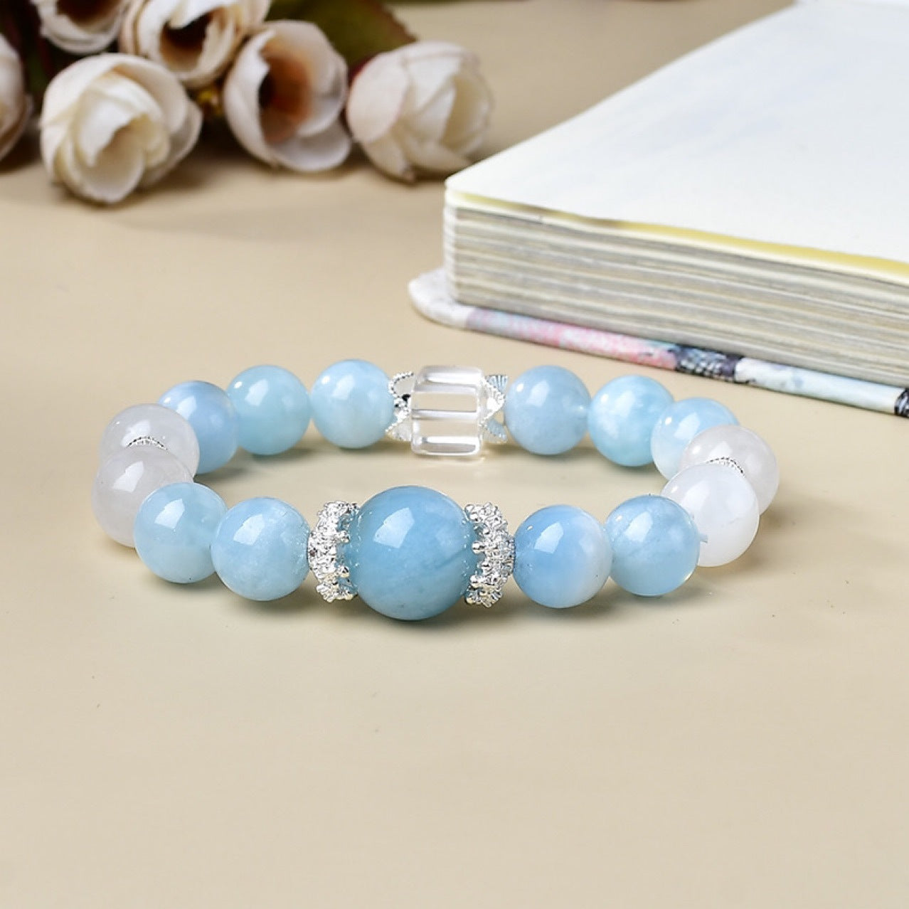 Natural Aquamarine and Lithium Grey Moonstone healing bracelet for women, for sleep and anxiety relief.